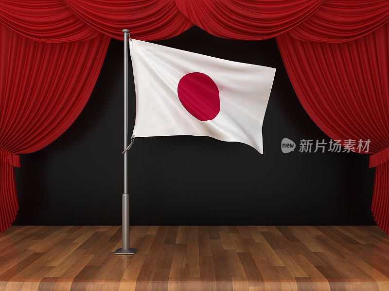 日本国旗与红色舞台窗帘- 3D渲染